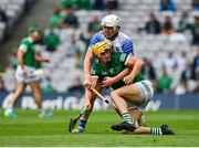 7 August 2021; Tom Morrissey of Limerick in action against Shane Bennett of Waterford during the GAA Hurling All-Ireland Senior Championship semi-final match between Limerick and Waterford at Croke Park in Dublin. Photo by Eóin Noonan/Sportsfile