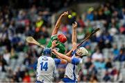 7 August 2021; Barry Nash of Limerick in action against Austin Gleeson and Jack Fagan of Waterford during the GAA Hurling All-Ireland Senior Championship semi-final match between Limerick and Waterford at Croke Park in Dublin. Photo by Seb Daly/Sportsfile