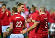 7 August 2021; Ken Owens of British and Irish Lions, right, celebrates after scoring his side's first try with Finn Russell and Liam Williams during the third test of the British and Irish Lions tour match between South Africa and British and Irish Lions at Cape Town Stadium in Cape Town, South Africa. Photo by Ashley Vlotman/Sportsfile