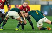 7 August 2021; Ken Owens of British and Irish Lions is tackled by Lood De Jager, left, and Steven Kitshoff during the third test of the British and Irish Lions tour match between South Africa and British and Irish Lions at Cape Town Stadium in Cape Town, South Africa. Photo by Ashley Vlotman/Sportsfile