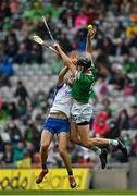 7 August 2021; Diarmaid Byrnes of Limerick in action against Jack Fagan of Waterford during the GAA Hurling All-Ireland Senior Championship semi-final match between Limerick and Waterford at Croke Park in Dublin. Photo by Seb Daly/Sportsfile