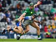 7 August 2021; Jamie Barron of Waterford in action against William O’Donoghue of Limerick during the GAA Hurling All-Ireland Senior Championship semi-final match between Limerick and Waterford at Croke Park in Dublin. Photo by Eóin Noonan/Sportsfile