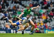 7 August 2021; Jamie Barron of Waterford in action against William O’Donoghue of Limerick during the GAA Hurling All-Ireland Senior Championship semi-final match between Limerick and Waterford at Croke Park in Dublin. Photo by Eóin Noonan/Sportsfile