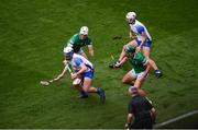 7 August 2021; Stephen Bennett of Waterford in action against Kyle Hayes, left, and Seán Finn of Limerick during the GAA Hurling All-Ireland Senior Championship semi-final match between Limerick and Waterford at Croke Park in Dublin. Photo by Daire Brennan/Sportsfile