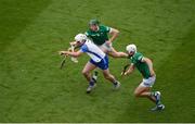 7 August 2021; Shane Bennett of Waterford in action against William O’Donoghue, left, and Aaron Gillane of Limerick during the GAA Hurling All-Ireland Senior Championship semi-final match between Limerick and Waterford at Croke Park in Dublin. Photo by Daire Brennan/Sportsfile