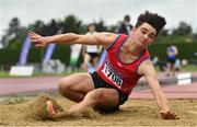 7 August 2021; Daire McDevitt of Tir Chonaill AC, Donegal, competing in the Boy's U17 Triple Jump during day two of the Irish Life Health National Juvenile Track & Field Championships at Tullamore Harriers Stadium in Tullamore, Offaly. Photo by Sam Barnes/Sportsfile