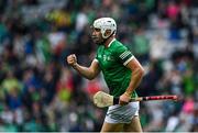 7 August 2021; Aaron Gillane of Limerick celebrates after scoring his side's first goal during the GAA Hurling All-Ireland Senior Championship semi-final match between Limerick and Waterford at Croke Park in Dublin. Photo by Seb Daly/Sportsfile