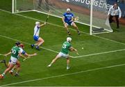 7 August 2021; Aaron Gillane of Limerick scores his side's first goal past Waterford goalkeeper Shaun O'Brien during the GAA Hurling All-Ireland Senior Championship semi-final match between Limerick and Waterford at Croke Park in Dublin. Photo by Daire Brennan/Sportsfile
