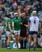 7 August 2021; Peter Casey of Limerick, left, is shown a red card by referee John Keenan during the GAA Hurling All-Ireland Senior Championship semi-final match between Limerick and Waterford at Croke Park in Dublin. Photo by Seb Daly/Sportsfile