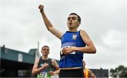 7 August 2021; Cian Gorham of St Peter's AC, Louth, celebrates winning the Boy's U17 800m during day two of the Irish Life Health National Juvenile Track & Field Championships at Tullamore Harriers Stadium in Tullamore, Offaly. Photo by Sam Barnes/Sportsfile