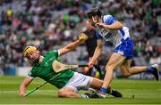 7 August 2021; Tom Morrissey of Limerick is tackled by Jamie Barron of Waterford during the GAA Hurling All-Ireland Senior Championship semi-final match between Limerick and Waterford at Croke Park in Dublin. Photo by Ray McManus/Sportsfile