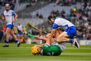 7 August 2021; Tom Morrissey of Limerick is tackled by Jamie Barron of Waterford during the GAA Hurling All-Ireland Senior Championship semi-final match between Limerick and Waterford at Croke Park in Dublin. Photo by Ray McManus/Sportsfile