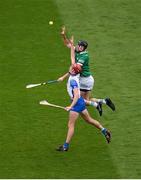 7 August 2021; Diarmaid Byrnes of Limerick in action against Calum Lyons of Waterford during the GAA Hurling All-Ireland Senior Championship semi-final match between Limerick and Waterford at Croke Park in Dublin. Photo by Daire Brennan/Sportsfile