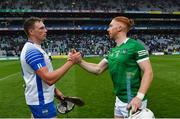 7 August 2021; Austin Gleeson of Waterford with Cian Lynch of Limerick after the GAA Hurling All-Ireland Senior Championship semi-final match between Limerick and Waterford at Croke Park in Dublin. Photo by Eóin Noonan/Sportsfile