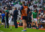 7 August 2021; Peter Casey of Limerick leaves the pitch after being shown a red card by referee John Keenan during the GAA Hurling All-Ireland Senior Championship semi-final match between Limerick and Waterford at Croke Park in Dublin. Photo by Eóin Noonan/Sportsfile