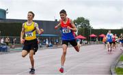 7 August 2021; Archie McNamara of Derg AC, centre, on his way to winning the Boy's U14 800m, ahead of Seb Holley of North Down AC, who finished second, during day two of the Irish Life Health National Juvenile Track & Field Championships at Tullamore Harriers Stadium in Tullamore, Offaly. Photo by Sam Barnes/Sportsfile