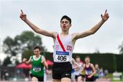 7 August 2021; Caolan McFadden of Cranford AC, Donegal, celebrates winning the Boy's U15 800m during day two of the Irish Life Health National Juvenile Track & Field Championships at Tullamore Harriers Stadium in Tullamore, Offaly. Photo by Sam Barnes/Sportsfile