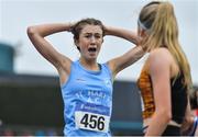 7 August 2021; Gemma Galvin of St Marys AC, Clare, reacts after winning the Girl's U15 800m during day two of the Irish Life Health National Juvenile Track & Field Championships at Tullamore Harriers Stadium in Tullamore, Offaly. Photo by Sam Barnes/Sportsfile