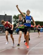 7 August 2021; Cian Gorham of St Peter's AC, Louth, centre, celebrates winning the Boy's U17 800m, ahead of Seamus Robinson of City of Derry Spartans, far left, who finished second, and Neil Culhane of Ace AC, Louth, who finished third, during day two of the Irish Life Health National Juvenile Track & Field Championships at Tullamore Harriers Stadium in Tullamore, Offaly. Photo by Sam Barnes/Sportsfile