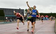 7 August 2021; Cian Gorham of St Peter's AC, Louth, centre, celebrates winning the Boy's U17 800m, ahead of Seamus Robinson of City of Derry Spartans, far left, who finished second, and Neil Culhane of Ace AC, Louth, who finished third, during day two of the Irish Life Health National Juvenile Track & Field Championships at Tullamore Harriers Stadium in Tullamore, Offaly. Photo by Sam Barnes/Sportsfile