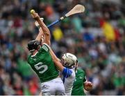 7 August 2021; Diarmaid Byrnes of Limerick in action against Jack Fagan of Waterford during the GAA Hurling All-Ireland Senior Championship semi-final match between Limerick and Waterford at Croke Park in Dublin. Photo by Piaras Ó Mídheach/Sportsfile