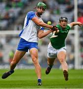 7 August 2021; Michael Kiely of Waterford in action against Darragh O’Donovan of Limerick during the GAA Hurling All-Ireland Senior Championship semi-final match between Limerick and Waterford at Croke Park in Dublin. Photo by Eóin Noonan/Sportsfile