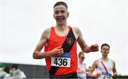 7 August 2021; Dara Donoghue of Lucan Harriers AC, Dublin, celebrates after winning the Boys U18 800m during day two of the Irish Life Health National Juvenile Track & Field Championships at Tullamore Harriers Stadium in Tullamore, Offaly. Photo by Sam Barnes/Sportsfile