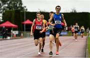 7 August 2021; Cian Gorham of St Peter's AC, Louth, right, on his way winning the Boy's U17 800m, ahead of Seamus Robinson of City of Derry Spartans, left, who finished second, during day two of the Irish Life Health National Juvenile Track & Field Championships at Tullamore Harriers Stadium in Tullamore, Offaly. Photo by Sam Barnes/Sportsfile