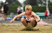 7 August 2021; Jack Dilleen of Ennis Track AC , Clare, competing in the Boy's U14 Long Jump during day two of the Irish Life Health National Juvenile Track & Field Championships at Tullamore Harriers Stadium in Tullamore, Offaly. Photo by Sam Barnes/Sportsfile