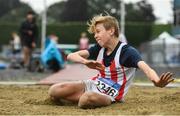 7 August 2021; Joey Hegarty of Trim AC, Meath, competing in the Boy's U14 Long Jump during day two of the Irish Life Health National Juvenile Track & Field Championships at Tullamore Harriers Stadium in Tullamore, Offaly. Photo by Sam Barnes/Sportsfile