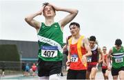 7 August 2021; Alan Hegarty of Castlebar AC, Mayo, reacts after finishing second in the Boy's U16 800m during day two of the Irish Life Health National Juvenile Track & Field Championships at Tullamore Harriers Stadium in Tullamore, Offaly. Photo by Sam Barnes/Sportsfile