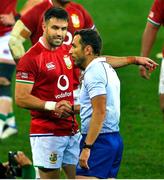 7 August 2021; Conor Murray of British and Irish Lions in conversation with referee Mathieu Raynal after the final whistle of the third test of the British and Irish Lions tour match between South Africa and British and Irish Lions at Cape Town Stadium in Cape Town, South Africa. Photo by Ashley Vlotman/Sportsfile