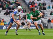 7 August 2021; Peter Casey of Limerick in action against Shane Bennett of Waterford during the GAA Hurling All-Ireland Senior Championship semi-final match between Limerick and Waterford at Croke Park in Dublin. Photo by Ray McManus/Sportsfile