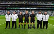 7 August 2021; Referee John Keenan, his linesmen Liam Gordon and James Owens, together with his umpires Paul Refille, David Clune, Tommy Redmond and Eddie Leonard before the GAA Hurling All-Ireland Senior Championship semi-final match between Limerick and Waterford at Croke Park in Dublin. Photo by Ray McManus/Sportsfile