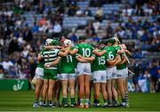 7 August 2021; The Limerick players gather before the GAA Hurling All-Ireland Senior Championship semi-final match between Limerick and Waterford at Croke Park in Dublin. Photo by Ray McManus/Sportsfile