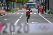 8 August 2021; Eliud Kipchoge of Kenya approaches the finish line to win the men's marathon at Sapporo Odori Park on day 16 during the 2020 Tokyo Summer Olympic Games in Sapporo, Japan. Photo by Ramsey Cardy/Sportsfile