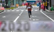 8 August 2021; Eliud Kipchoge of Kenya approaches the finish line to win the men's marathon at Sapporo Odori Park on day 16 during the 2020 Tokyo Summer Olympic Games in Sapporo, Japan. Photo by Ramsey Cardy/Sportsfile