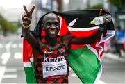 8 August 2021; Eliud Kipchoge of Kenya celebrates after winning the men's marathon at Sapporo Odori Park on day 16 during the 2020 Tokyo Summer Olympic Games in Sapporo, Japan. Photo by Ramsey Cardy/Sportsfile