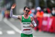 8 August 2021; Paul Pollock of Ireland celebrates crossing the finish line in 71st place during the men's marathon at Sapporo Odori Park on day 16 during the 2020 Tokyo Summer Olympic Games in Sapporo, Japan. Photo by Ramsey Cardy/Sportsfile