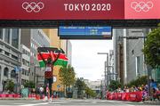 8 August 2021; Eliud Kipchoge of Kenya celebrates after winning the men's marathon at Sapporo Odori Park on day 16 during the 2020 Tokyo Summer Olympic Games in Sapporo, Japan. Photo by Ramsey Cardy/Sportsfile