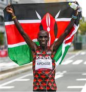 8 August 2021; Eliud Kipchoge of Kenya celebrates after winning the men's marathon at Sapporo Odori Park on day 16 during the 2020 Tokyo Summer Olympic Games in Sapporo, Japan. Photo by Ramsey Cardy/Sportsfile