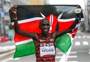 8 August 2021; Eliud Kipchoge of Kenya celebrates after winning the men's marathon at Sapporo Odori Park on day 16 during the 2020 Tokyo Summer Olympic Games in Sapporo, Japan. Photo by Ramsey Cardy/Sportsfile