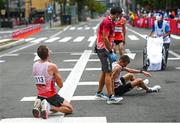 8 August 2021; Peter Herzog of Austria, left, and Dieter Kersten of Belgium after the men's marathon at Sapporo Odori Park on day 16 during the 2020 Tokyo Summer Olympic Games in Sapporo, Japan. Photo by Ramsey Cardy/Sportsfile