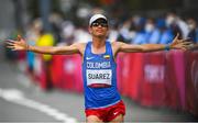 8 August 2021; Jeison Alexander Suarez of Colombia crosses the finish line during the men's marathon at Sapporo Odori Park on day 16 during the 2020 Tokyo Summer Olympic Games in Sapporo, Japan. Photo by Ramsey Cardy/Sportsfile