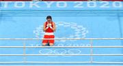 8 August 2021; Kellie Harrington of Ireland reacts after defeating Beatriz Ferreira of Brazil in their women's lightweight final bout at the Kokugikan Arena during the 2020 Tokyo Summer Olympic Games in Tokyo, Japan. Photo by Brendan Moran/Sportsfile