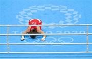 8 August 2021; Kellie Harrington of Ireland reacts after defeating Beatriz Ferreira of Brazil in their women's lightweight final bout at the Kokugikan Arena during the 2020 Tokyo Summer Olympic Games in Tokyo, Japan. Photo by Brendan Moran/Sportsfile