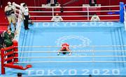 8 August 2021; Kellie Harrington of Ireland reacts after defeating Beatriz Ferreira of Brazil in their women's lightweight final bout at the Kokugikan Arena during the 2020 Tokyo Summer Olympic Games in Tokyo, Japan. Photo by Brendan Moran/Sportsfile