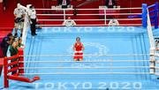 8 August 2021; Kellie Harrington of Ireland reacts after defeating Beatriz Ferreira of Brazil in their women's lightweight final bout at the Kokugikan Arena during the 2020 Tokyo Summer Olympic Games in Tokyo, Japan. Photo by Brendan Moran/Sportsfile