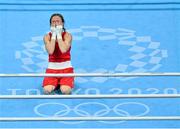 8 August 2021; Kellie Harrington of Ireland reacts after defeating Beatriz Ferreira of Brazil in their women's lightweight final bout at the Kokugikan Arena during the 2020 Tokyo Summer Olympic Games in Tokyo, Japan. Photo by Brendan Moran/Sportsfile
