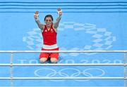 8 August 2021; Kellie Harrington of Ireland reacts after defeating Beatriz Ferreira of Brazil in their women's lightweight final bout at the Kokugikan Arena during the 2020 Tokyo Summer Olympic Games in Tokyo, Japan. Photo by Brendan Moran/Sportsfile